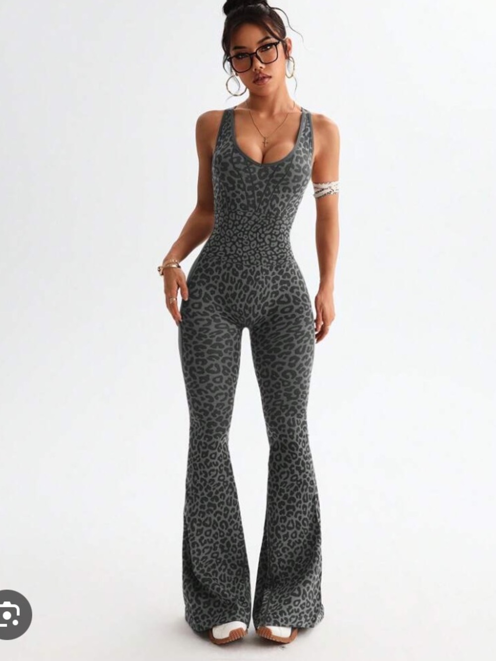 Gray Leopard-Print Flared Jumpsuit